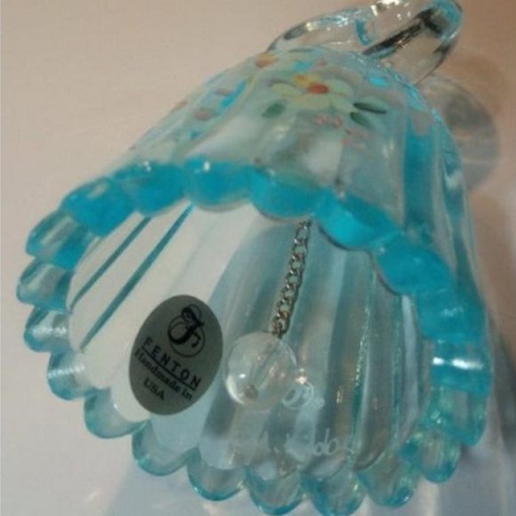 Fenton Teal Colored Glass Bell - Heart Handle - Hand Painted by M. Kibbe - Picture 4 of 5